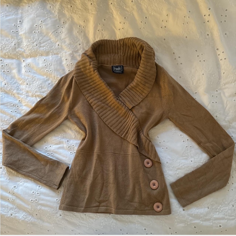 Y2k fashion Twik Tan Cowl Neck Sweater with Chunky Knit